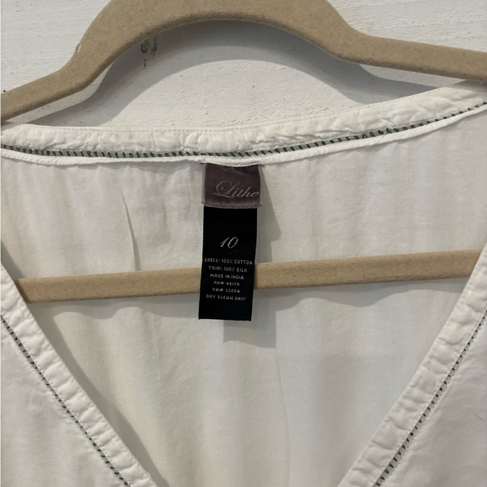 Anthropology Lithe White and Green 3/4 Sleeve Tie Front Blouse - Picture 5 of 13